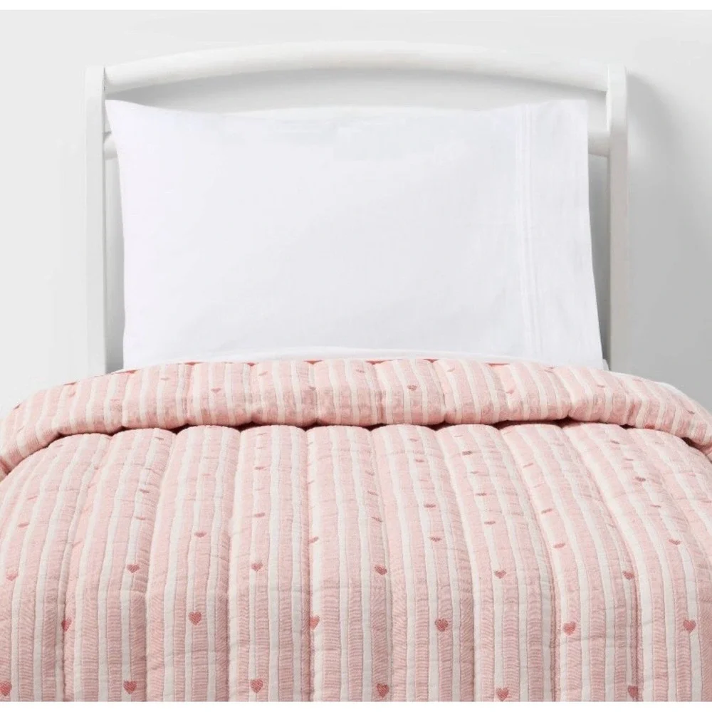 TWIN Heart Striped Kids' Quilt Set AND Heart Cotton Sheet Set NEW!